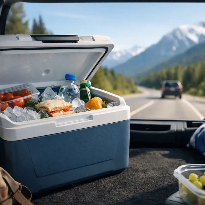 Køleboks på roadtrip der holder maden kold